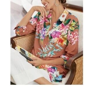 Soft Surroundings Tunic Top Button Front Shirt Florentine Garden Floral Popover